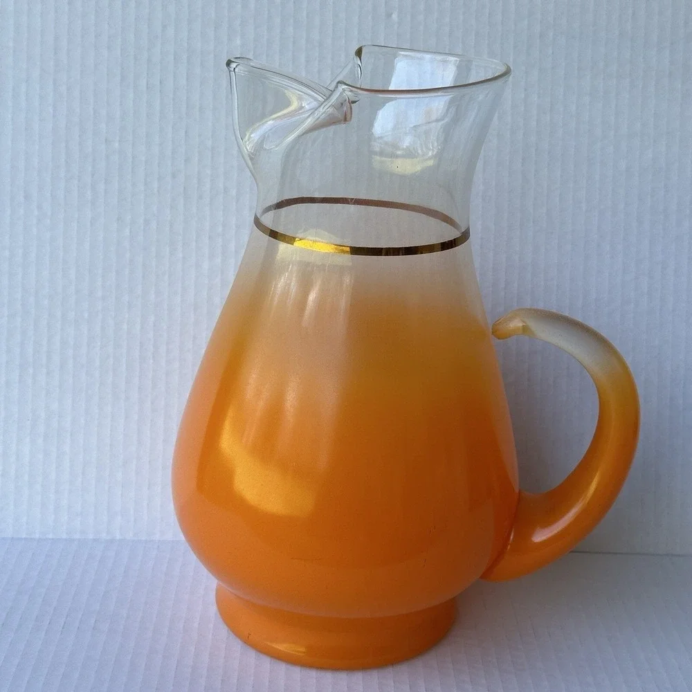 Vintage 1950s BLENDO Pitcher‎ 11 Inch Orange Frosted Glass Gold Trim Ice Lip